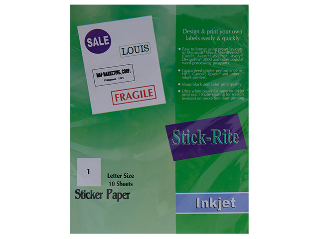 STICK-RITE STICKER PAPER INKJET 10'S WHT