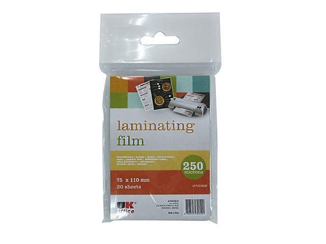 UK Office Laminating Film LF7525020 250 Microns 20s