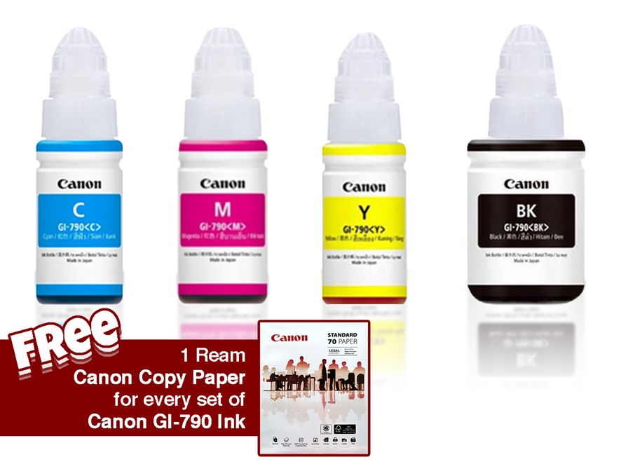 Canon Pixma GI-790 Ink Bottle CMYK 1 SET w/FREE Canon Copy Paper